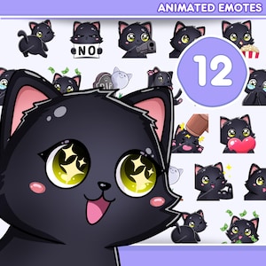 Twitch Animated Emotes, 12pcs Black Cat Emotes for Twitch, Discord, Tiktok and Any Stream and Chat (STATIC + ANIMATED)