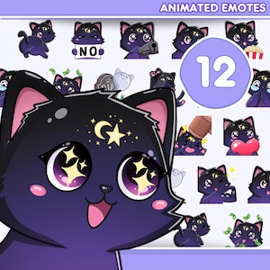 May include: A set of 12 animated emotes showcasing a black cat character with a crescent moon and star motif. The emotes depict different actions and emotions, such as holding a gun, crying, and holding a heart. The text "ANIMATED EMOTES" is visible at the top.