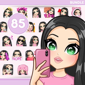 かわいい女の子の絵文字、Discord、Twitch、TikTok、その他のストリームやチャット用のバンドル 85 個 [女性 SHELBY: 黒髪 / 緑の目 / 青白い肌]