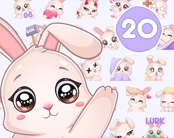 Bunny Emotes, 20 Stück weiße Kaninchen Emotes für Twitch, Discord, Tiktok und beliebigen Stream und Chat, Chibi Kawaii Emotes