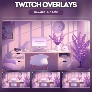 Overlay di Bunny Twitch, scena animata di Lofi Desk Switch per lo streaming - Scrivania Lofi viola e rosa