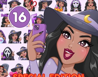 Black Girl Emote, Halloween Witch pack 16pcs, twitch, discord and any stream and chat [female PAIGE: Black hair / Brown eyes / caramel skin]