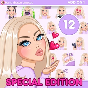 Lot de 12 emotes pour fille mignonne pour Discord, YouTube et n'importe quel flux et chat [SCARLETT femme : cheveux blonds clairs / yeux bleus / peau pâle]