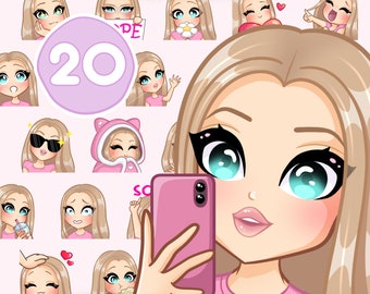 Cute Girl Twitch Emotes, Bundle 20pcs for discord, youtube and any stream and chat [female EMILY: Blonde hair / Crystal eyes / Pale skin]