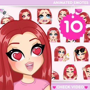 Animated Emotes Girl, 10 pcs Emotes for Twitch, discord, Kick and any stream and chat [female CHRYSTAL: Red hair /Blue eyes /Pale skin]