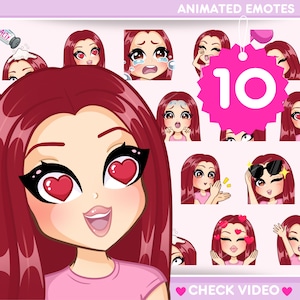 Animated Girl Emotes, 10 pcs Twitch Emotes for discord, Kick and any stream and chat [female KRISTEN: Dark Red hair / Brown eyes /Pale skin]