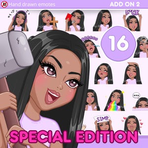 Twitch Emotes, Girly emotes Pack 16pcs for discord, youtube and any stream and chat [female PAIGE: Black hair / brown eyes / Caramel skin]
