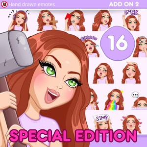 Red Hair Girl Emotes, Pack 16pcs for Twitch, discord, youtube and any stream and chat [female SHIRLEY: Ginger hair / Green eyes / Pale skin]