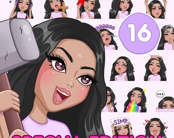 May include: A digital art graphic featuring a woman with long black hair and various expressions. The image includes the text "Hand drawn emotes" and "Special Edition". A large hammer is in the foreground. There are 16 emotes in total.