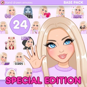 Lot de 24 émoticônes pour fille mignonne pour Discord, YouTube et n'importe quel flux et chat [SCARLETT : cheveux blonds clairs / yeux bleus / peau pâle]