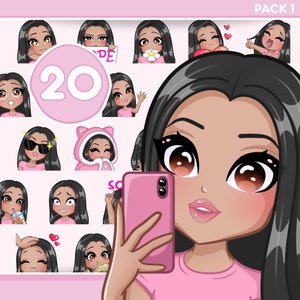 かわいい女の子の Twitch エモート、Discord、YouTube、あらゆるストリームとチャット用のバンドル パック 20 個 [女性ダイアナ: 黒髪 / 茶色の目 / ミルク肌]