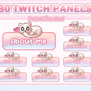 Peut inclure: Un ensemble de 30 panneaux Twitch roses et bleus avec un chat blanc de dessin animé avec des cœurs roses. Les panneaux comprennent du texte tel que "À propos de moi", "Liste de lecture", "Don", "Horaire", "Bienvenue", "Pourboire", "Liste de souhaits", "Commandes" et "Contact".