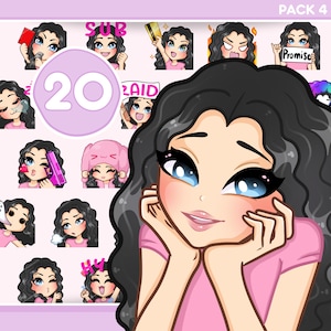 Wavy  Hair Girl Twitch Emotes, Bundle 20pcs for discord, youtube and any stream and chat [female HARPER: Black hair / Blue eyes / Pale skin]