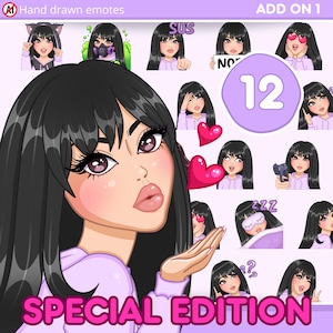 Twitch Emotes, Bangs hair emotes Pack 12pcs for discord, youtube and any stream and chat [female HANNA: Black hair / brown eyes / Pale skin]