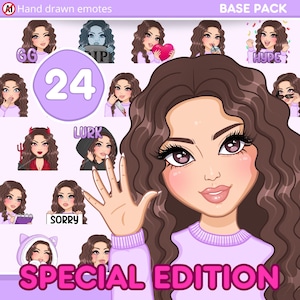 Girl Twitch Emotes, Curly Pack 24pcs for discord, youtube and any stream and chat [female WILLOW: Light Brown hair / brown eyes / Pale skin]