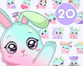 Bunny Emotes, 20 Stück Kaninchen Emotes für Twitch, Discord, Tiktok und alle beliebigen Streams und Chats, Chibi Kawaii Emotes