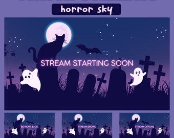 Op de afbeelding: Een set Twitch-overlays met een griezelig Halloween-thema. De overlays tonen een zwarte kat, een spook en een kerkhof met grafstenen. De tekst "STREAM STARTING SOON" wordt weergegeven in een neonroze lettertype. De overlays zijn ontworpen voor gebruik op Twitch-streams.