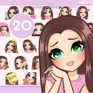 Chibi Girl Emotes, 20pcs Emotes Pack for twitch, youtube and any stream and chat [female RACHEL: Brown hair / Green eyes / Pale skin]