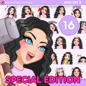 Curly Hair Girl Emotes, Cute emotes Pack 16pcs for discord, youtube and any stream and chat [female EMMA: Black hair / blue eyes /Pale skin]