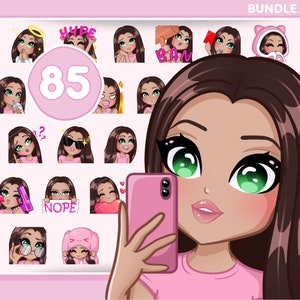 Cute Emotes, Bundle 85pcs for discord, youtube, tiktok and any stream and chat [female NICOLE: Dark Brown hair /Green eyes /Milk skin]