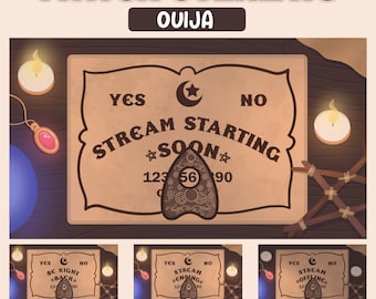 May include: A brown wooden Ouija board with a black planchette and the words "STREAM STARTING SOON" in white text. The board is surrounded by candles and other spooky decorations.