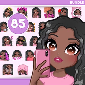 黒人女性のエモート、カーリーヘア、Discord、Twitch、あらゆるストリームとチャット用のバンドル 85 個 [女性 JANIS: 黒髪 / 茶色の目 / モカ肌]