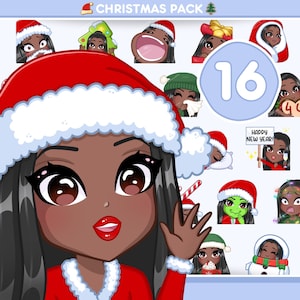 Black Girl emotes for Christmas, Twitch, discord, tik tok and any stream and chat [female PRUE: Black hair / Dark Brown eyes /Mocha skin]