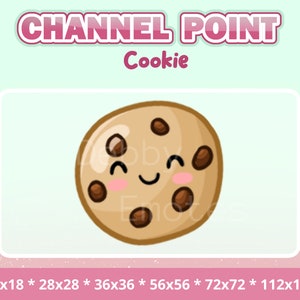 May include: A cartoon cookie with chocolate chips and a smiling face. The cookie is brown and has a light brown outline. The background is a light green color. The text "CHANNEL POINT Cookie" is at the top of the image.