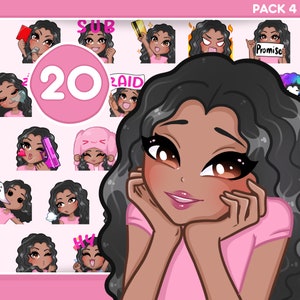 カーリーヘアの女の子のエモート、Discord、YouTube、あらゆるストリームとチャット用のバンドル20個[女性エレノア：黒髪 / 茶色の目 / キャラメル肌]
