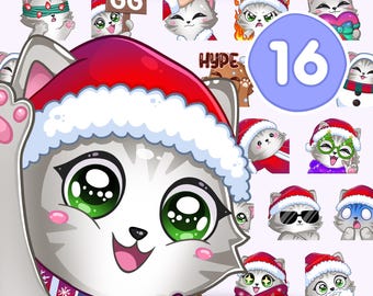 Puede incluir: Un conjunto de 16 pegatinas de gatos navideños. La imagen principal presenta un gato grande y sonriente con un gorro de Papá Noel y una bufanda festiva. Otras pegatinas muestran gatos con diversas expresiones y accesorios navideños.