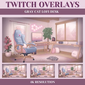 Può includere: Una sovrapposizione Twitch con una sedia da gioco rosa e blu, una scrivania con un monitor per computer, un gatto grigio e un tappeto rosa e bianco. La stanza è decorata in uno schema di colori pastello con una finestra che si affaccia su una foresta. Il testo "Dream starting soon" è visualizzato sul monitor del computer.