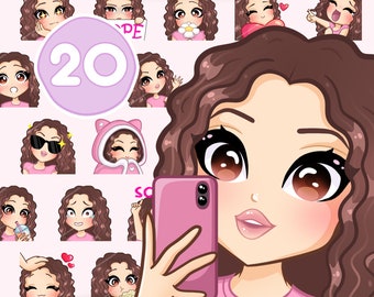 Emotes Twitch Curly Girl, lot de 20 pour Discord, YouTube et n'importe quel flux et chat [Femme MYA : cheveux bruns / yeux bruns / peau pâle]