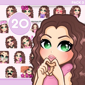 Curly Hair Twitch Emotes, 20 pcs Pack for discord, youtube, kick and any stream and chat [female RACHEL: Brown hair / Green eyes /Pale skin]
