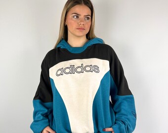 Sweat à capuche Adidas bleu, blanc et noir vintage des années 90