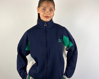 Vintage 80s Navy Puma Full Zip Up High Neck Sweatshirt