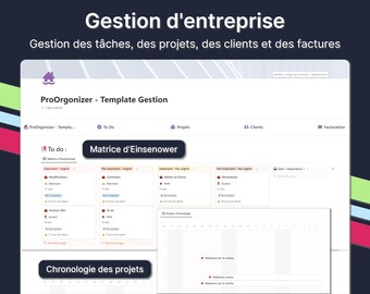 Op de afbeelding: Een screenshot van een website voor een bedrijfsmanagementsysteem genaamd ProOrgonizer. De website heeft een lichtblauwe achtergrond met een witte navigatiebalk. De navigatiebalk bevat tabbladen voor "To Do", "Projecten", "Klanten" en "Facturering". De website heeft ook een sectie genaamd "Matrice d'Einsenower", wat een matrix is voor het prioriteren van taken. De website heeft ook een sectie genaamd "Chronologie des projets", wat een tijdlijn is voor projecten.