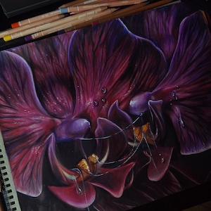 May include: A detailed drawing of two purple orchid flowers with water droplets, rendered in colored pencil. The artwork is on a spiral-bound sketchbook, with a black box of colored pencils visible in the background.