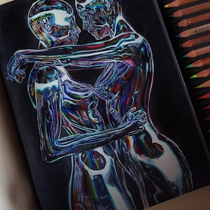 May include: A drawing on black paper depicting two figures in an embrace, rendered with a metallic, chrome-like effect featuring iridescent rainbow highlights. The figures are shown in profile, with one arm wrapped around the other's shoulders.