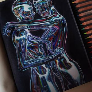 May include: A drawing on black paper depicting two figures in an embrace, rendered with a metallic, chrome-like effect featuring iridescent rainbow highlights. The figures are shown in profile, with one arm wrapped around the other's shoulders.