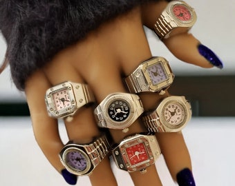 Vintage Punk Finger Watch Mini Elastic Strap Alloy Watches Couple Rings Jewelry Clock Retro Roman Quartz Watch Rings Women Men Vintage Art