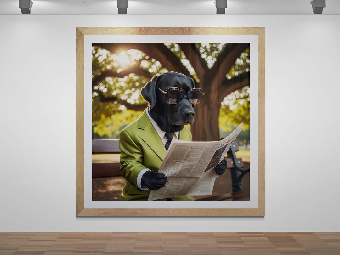 Black Labrador Reading Newspaper, Animal Wall Art, Funny Decor, Square ...