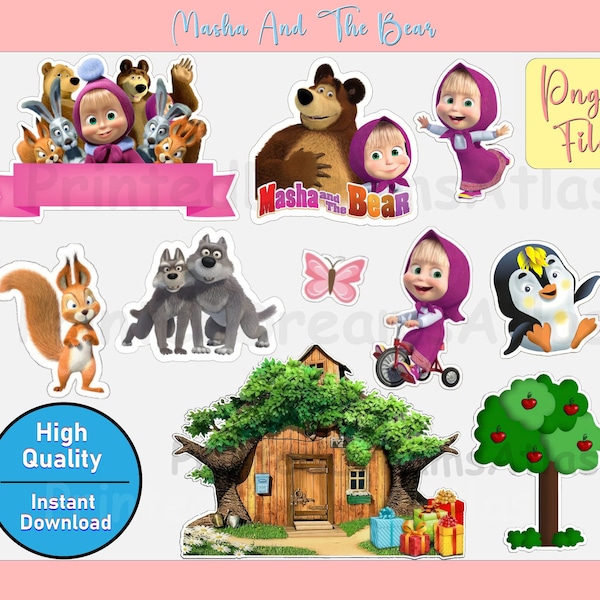 Instant Download Masha and The Bear Clipart, Cake Topper, Printable Party Decorations, Birthday Party Supplies, Digital PNG Files for Kids