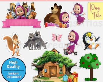 Instant Download Masha and The Bear Clipart, Cake Topper, Printable Party Decorations, Birthday Party Supplies, Digital PNG Files for Kids