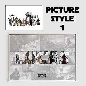 以下が含まれることがあります： スター・ウォーズのキャラクターをフィーチャーした白黒のコラージュ。映画のキャラクターの画像を使って「LUCAS」という名前が綴られています。コラージュには「スター・ウォーズ」という言葉も含まれています。