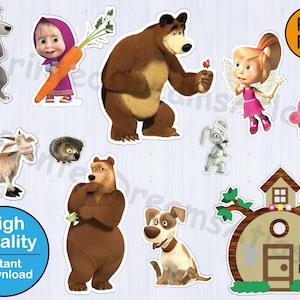 Natychmiastowe pobieranie - Akcesoria imprezowe Masza i Niedźwiedź, Pliki SVG i PNG, Clipart na topper na tort, Clipart Maszy, Sztuka Maszy i Niedźwiedzia, Rękodzieło dla dzieci,