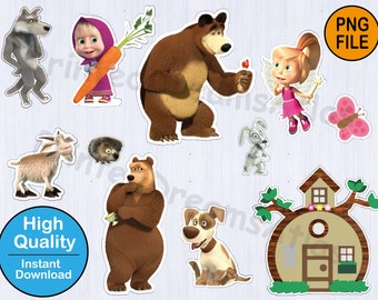 Instant Download - Masha and The Bear Party Supplies, SVG & PNG Files, Cake Topper Clipart, Masha Clipart, Masha And Bear Art, Kids Crafts,