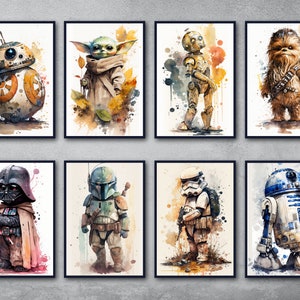 Conjunto de carteles de acuarela de Star Wars de 8 (descarga instantánea), arte de la guardería, decoración de la pared, bebé Yoda, impresiones de la guardería, dormitorio, habitación del bebé, regalo del ventilador