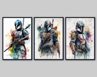 Mandalorian Wall Art Set of 3, Instant Download, Star Wars Art, Mandalorian Poster, Sci-Fi Decor, Fan Gift, Digital Print Collection