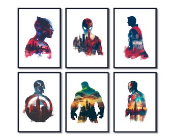 Superhero Silhouette Set Of 6,Superhero Poster Set,Cityscape Style,Superhero Digital Print,Superhero Printable Wall Art,Avengers Poster Set