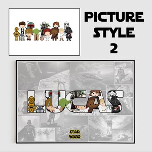 以下が含まれることがあります： 黒いフレームの中にスターウォーズのキャラクターのコラージュ。キャラクターは「Lucas」という名前を綴るように配置されています。画像には「Star Wars」というテキストが含まれています。